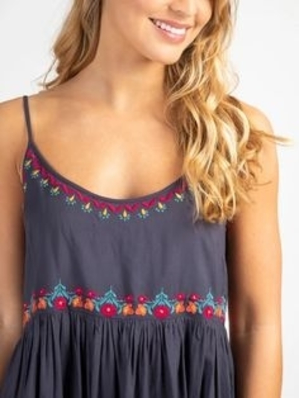 Embroidered Navy Spaghetti Strap Sundress - Picture 2 of 4